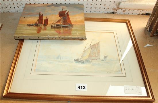 Frederick James Aldridge, watercolour, Fishing boats in a stormy sea, signed and small oil seascape